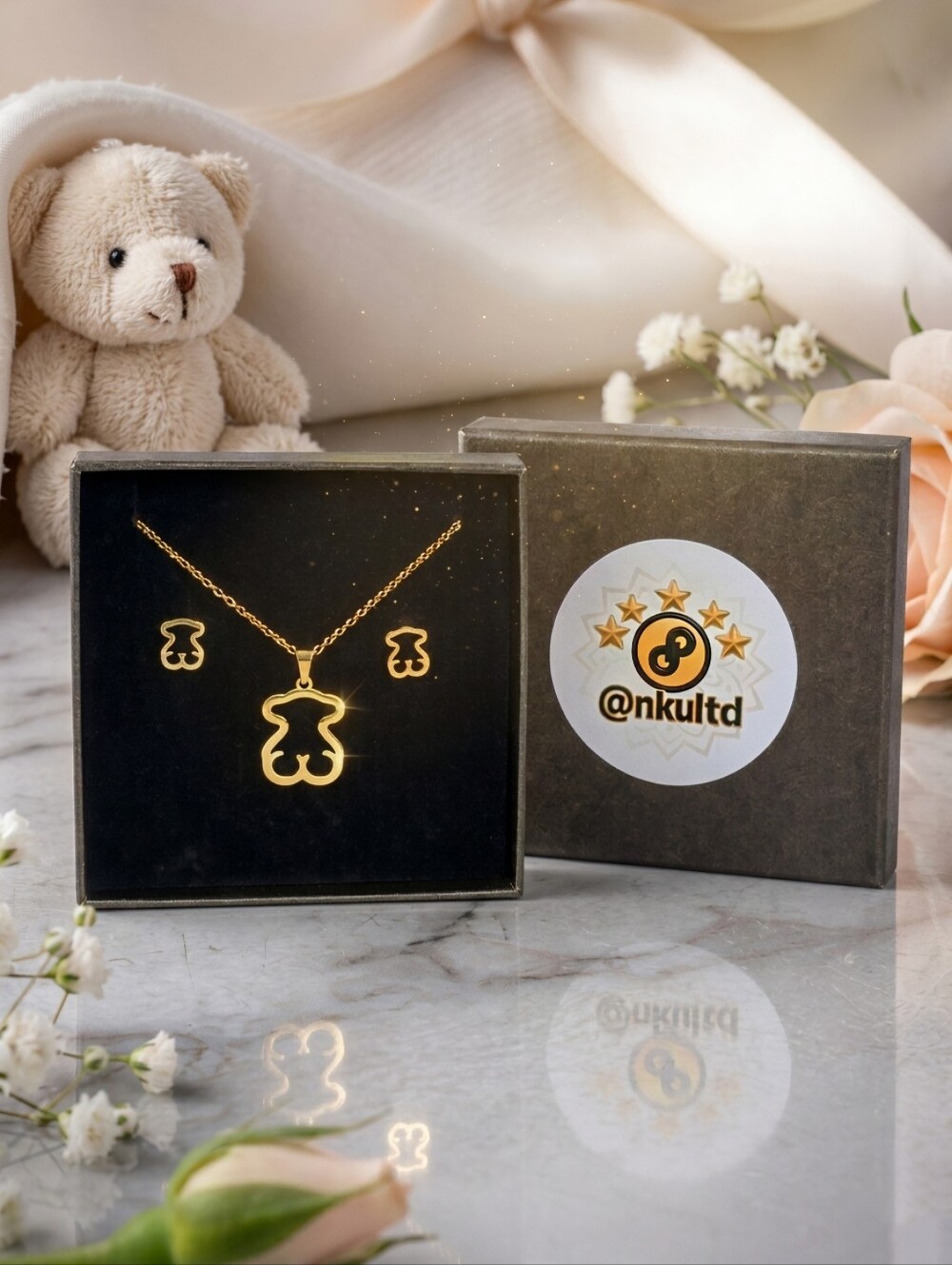 18K Gold Plated SS Bear Pendant Necklace and Stud Earrings Set Coquette Y2K